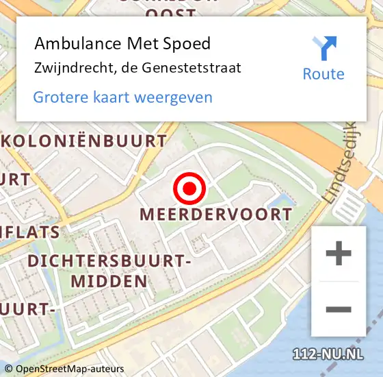 Locatie op kaart van de 112 melding: Ambulance Met Spoed Naar Zwijndrecht, de Genestetstraat op 13 oktober 2023 15:53