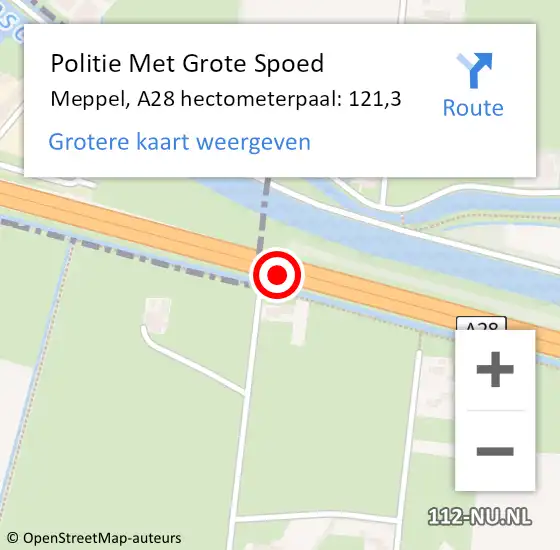 Locatie op kaart van de 112 melding: Politie Met Grote Spoed Naar Meppel, A28 hectometerpaal: 121,3 op 13 oktober 2023 16:40