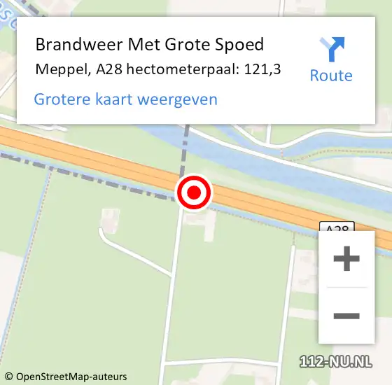 Locatie op kaart van de 112 melding: Brandweer Met Grote Spoed Naar Meppel, A28 hectometerpaal: 121,3 op 13 oktober 2023 16:41