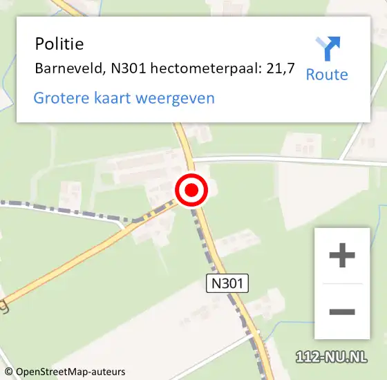 Locatie op kaart van de 112 melding: Politie Barneveld, N301 hectometerpaal: 21,7 op 13 oktober 2023 17:01