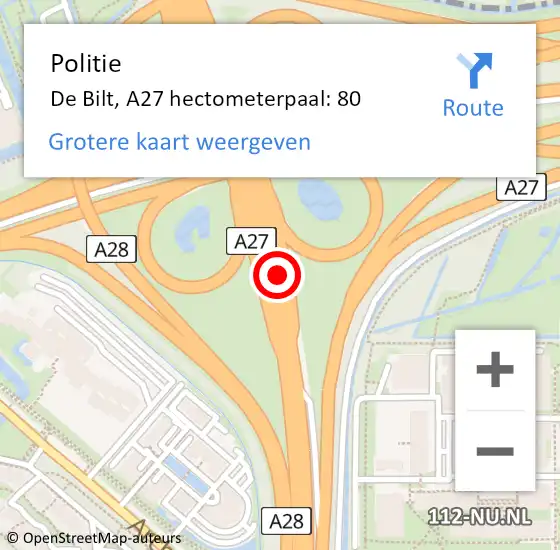 Locatie op kaart van de 112 melding: Politie De Bilt, A27 hectometerpaal: 80 op 13 oktober 2023 17:18