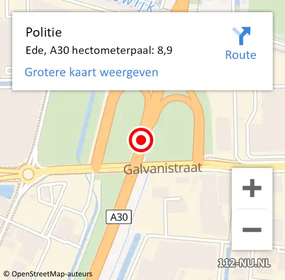 Locatie op kaart van de 112 melding: Politie Ede, A30 hectometerpaal: 8,9 op 13 oktober 2023 17:29