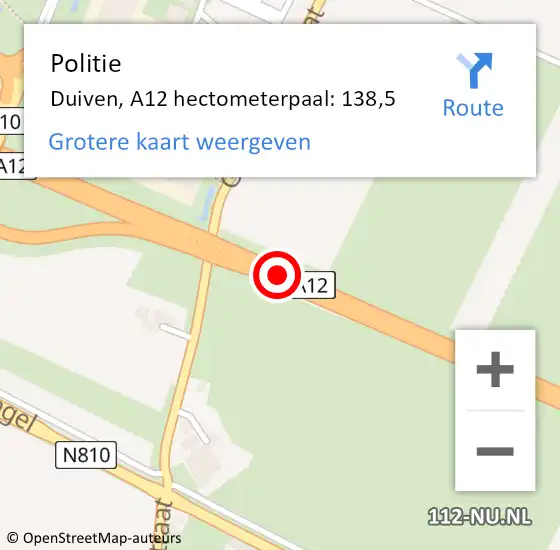 Locatie op kaart van de 112 melding: Politie Duiven, A12 hectometerpaal: 138,5 op 13 oktober 2023 17:37