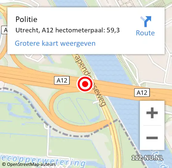 Locatie op kaart van de 112 melding: Politie Utrecht, A12 hectometerpaal: 59,3 op 13 oktober 2023 17:42