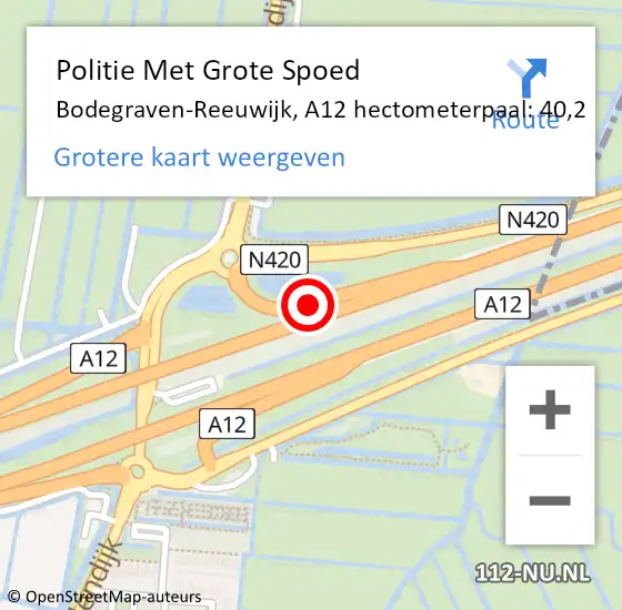 Locatie op kaart van de 112 melding: Politie Met Grote Spoed Naar Bodegraven-Reeuwijk, A12 hectometerpaal: 40,2 op 13 oktober 2023 17:47