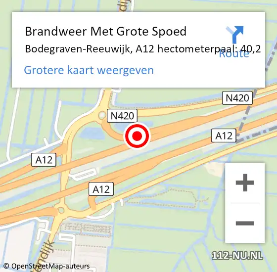 Locatie op kaart van de 112 melding: Brandweer Met Grote Spoed Naar Bodegraven-Reeuwijk, A12 hectometerpaal: 40,2 op 13 oktober 2023 17:48