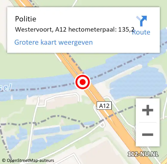Locatie op kaart van de 112 melding: Politie Westervoort, A12 hectometerpaal: 135,2 op 13 oktober 2023 18:04