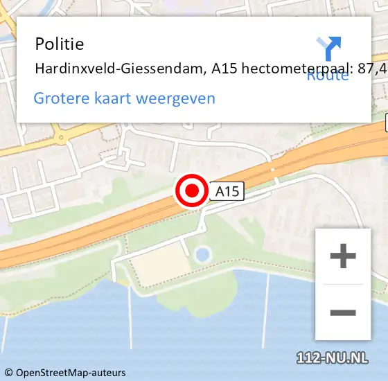 Locatie op kaart van de 112 melding: Politie Hardinxveld-Giessendam, A15 hectometerpaal: 87,4 op 13 oktober 2023 18:27