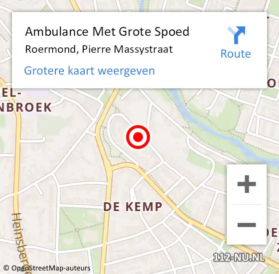 Locatie op kaart van de 112 melding: Ambulance Met Grote Spoed Naar Roermond, Pierre Massystraat op 13 oktober 2023 19:51