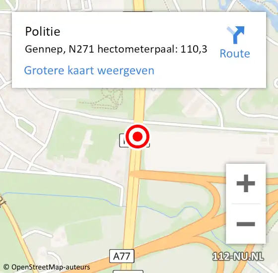 Locatie op kaart van de 112 melding: Politie Gennep, N271 hectometerpaal: 110,3 op 13 oktober 2023 20:50