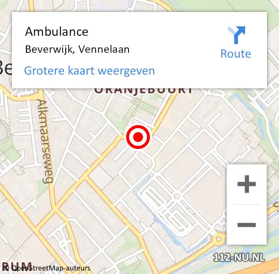 Locatie op kaart van de 112 melding: Ambulance Beverwijk, Vennelaan op 13 oktober 2023 21:12