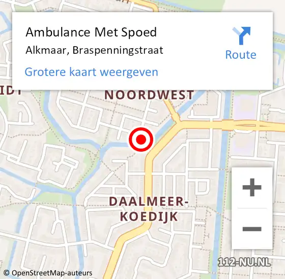 Locatie op kaart van de 112 melding: Ambulance Met Spoed Naar Alkmaar, Braspenningstraat op 13 oktober 2023 21:47