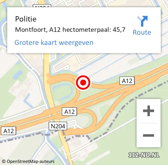 Locatie op kaart van de 112 melding: Politie Montfoort, A12 hectometerpaal: 45,7 op 13 oktober 2023 23:37