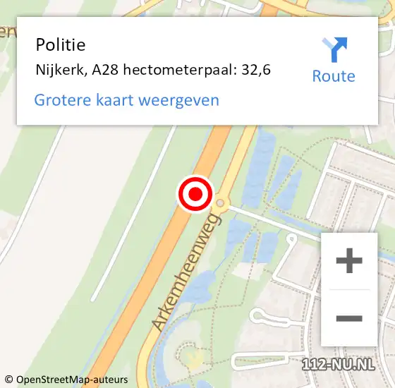 Locatie op kaart van de 112 melding: Politie Nijkerk, A28 hectometerpaal: 32,6 op 14 oktober 2023 00:08