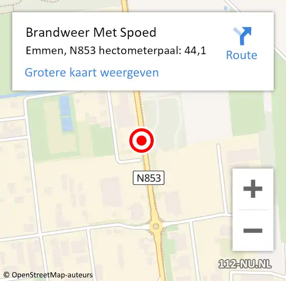 Locatie op kaart van de 112 melding: Brandweer Met Spoed Naar Emmen, N853 hectometerpaal: 44,1 op 14 oktober 2023 00:51