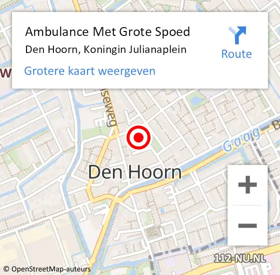 Locatie op kaart van de 112 melding: Ambulance Met Grote Spoed Naar Den Hoorn, Koningin Julianaplein op 14 oktober 2023 00:51