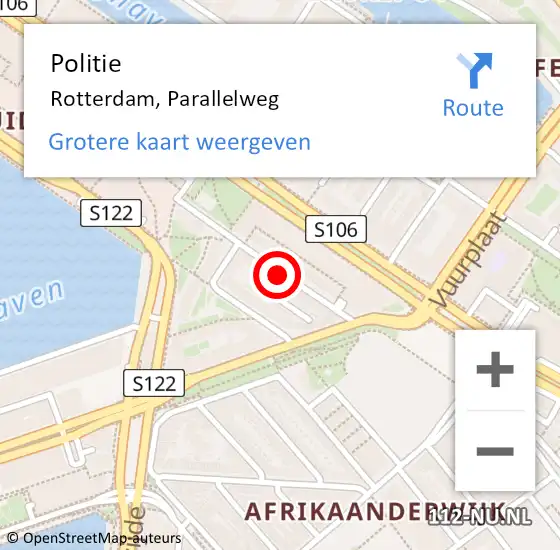 Locatie op kaart van de 112 melding: Politie Rotterdam, Parallelweg op 14 oktober 2023 01:37