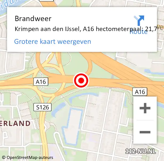 Locatie op kaart van de 112 melding: Brandweer Krimpen aan den IJssel, A16 hectometerpaal: 21,7 op 14 oktober 2023 07:31