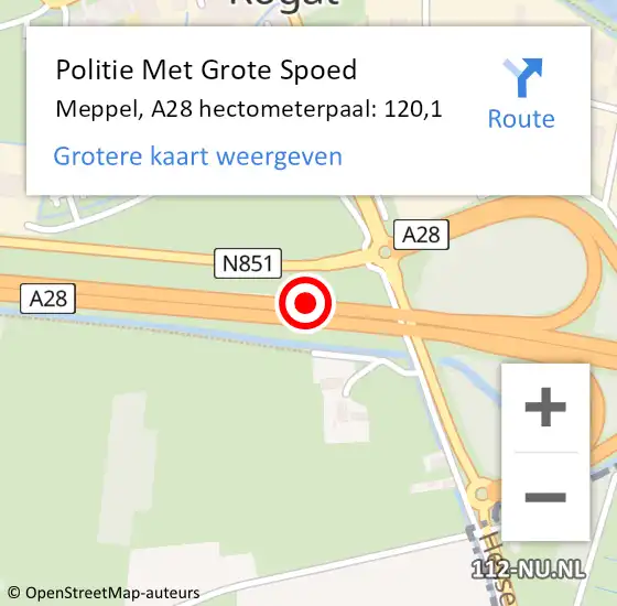 Locatie op kaart van de 112 melding: Politie Met Grote Spoed Naar Meppel, A28 hectometerpaal: 120,1 op 14 oktober 2023 08:16