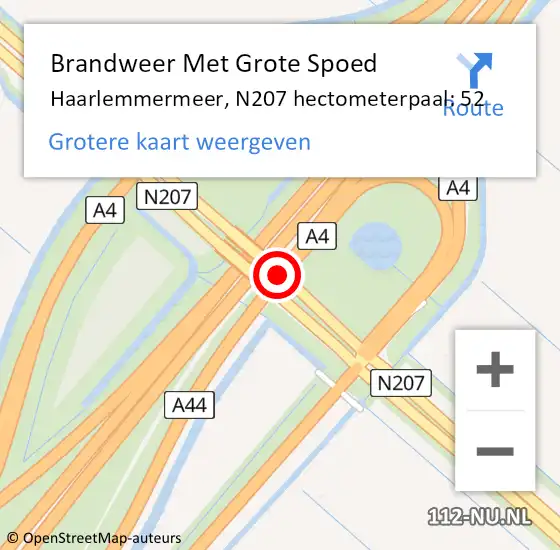 Locatie op kaart van de 112 melding: Brandweer Met Grote Spoed Naar Haarlemmermeer, N207 hectometerpaal: 52 op 14 oktober 2023 09:02