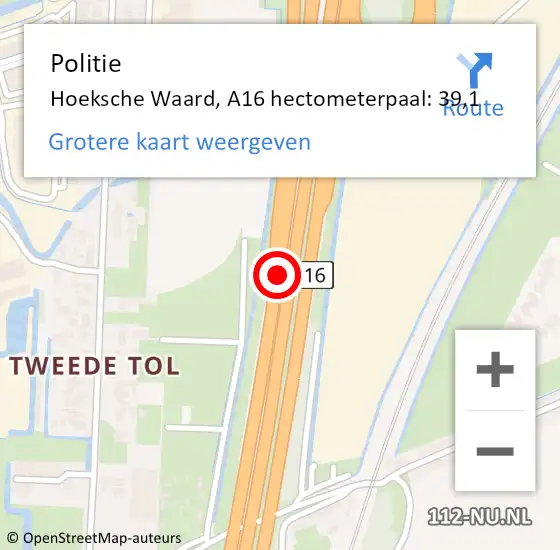 Locatie op kaart van de 112 melding: Politie Hoeksche Waard, A16 hectometerpaal: 39,1 op 14 oktober 2023 09:22