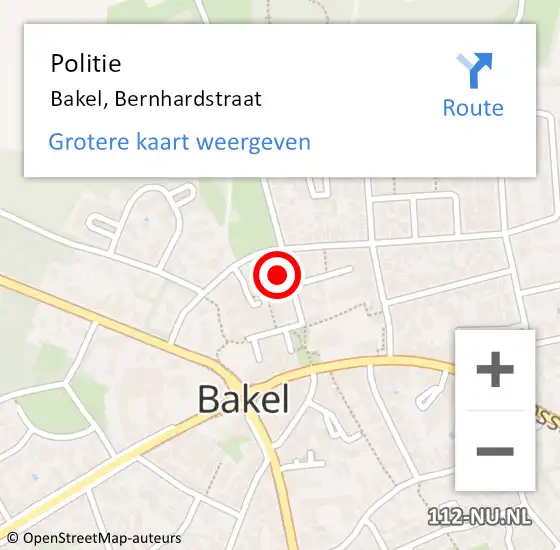 Locatie op kaart van de 112 melding: Politie Bakel, Bernhardstraat op 14 oktober 2023 09:23