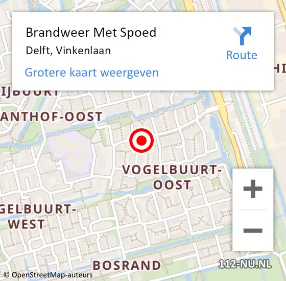 Locatie op kaart van de 112 melding: Brandweer Met Spoed Naar Delft, Vinkenlaan op 14 oktober 2023 09:57