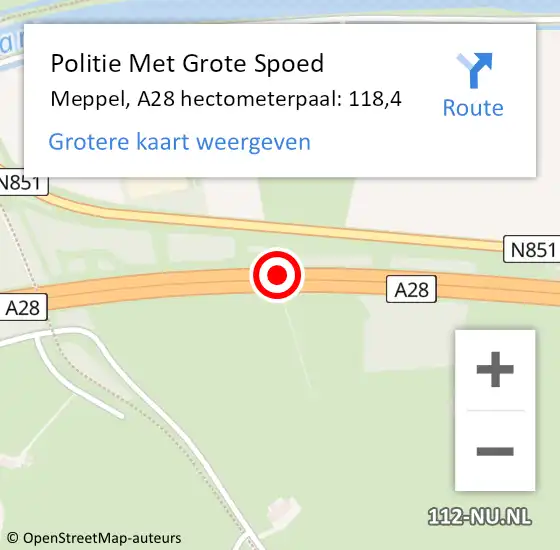 Locatie op kaart van de 112 melding: Politie Met Grote Spoed Naar Meppel, A28 hectometerpaal: 118,4 op 14 oktober 2023 10:01