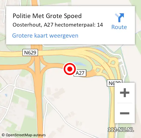 Locatie op kaart van de 112 melding: Politie Met Grote Spoed Naar Oosterhout, A27 hectometerpaal: 14 op 14 oktober 2023 10:27