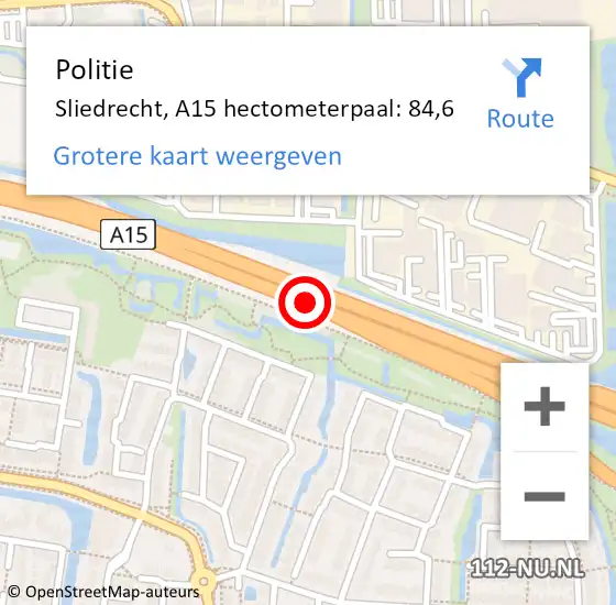 Locatie op kaart van de 112 melding: Politie Sliedrecht, A15 hectometerpaal: 84,6 op 14 oktober 2023 12:45