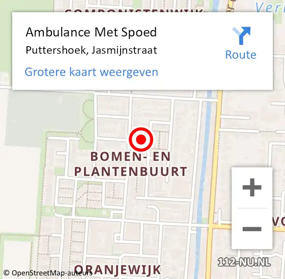 Locatie op kaart van de 112 melding: Ambulance Met Spoed Naar Puttershoek, Jasmijnstraat op 14 oktober 2023 12:47