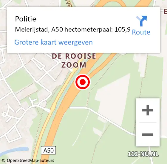 Locatie op kaart van de 112 melding: Politie Meierijstad, A50 hectometerpaal: 105,9 op 14 oktober 2023 13:12