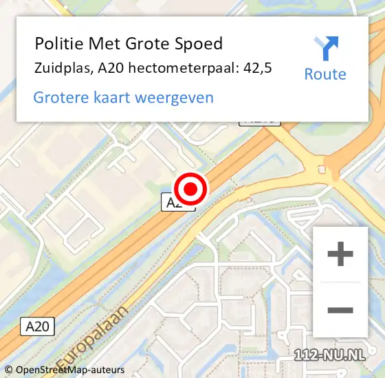 Locatie op kaart van de 112 melding: Politie Met Grote Spoed Naar Zuidplas, A20 hectometerpaal: 42,5 op 14 oktober 2023 13:58