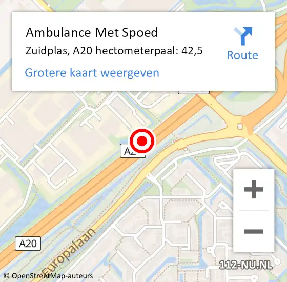 Locatie op kaart van de 112 melding: Ambulance Met Spoed Naar Zuidplas, A20 hectometerpaal: 42,5 op 14 oktober 2023 14:43