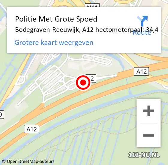 Locatie op kaart van de 112 melding: Politie Met Grote Spoed Naar Bodegraven-Reeuwijk, A12 hectometerpaal: 34,4 op 14 oktober 2023 15:46