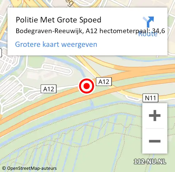 Locatie op kaart van de 112 melding: Politie Met Grote Spoed Naar Bodegraven-Reeuwijk, A12 hectometerpaal: 34,6 op 14 oktober 2023 15:57