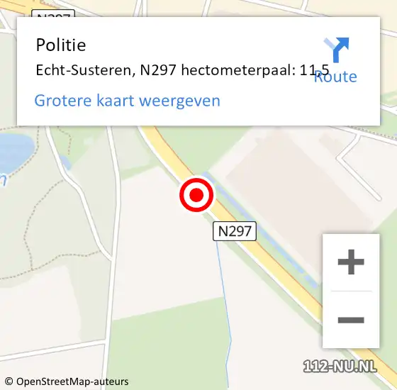 Locatie op kaart van de 112 melding: Politie Echt-Susteren, N297 hectometerpaal: 11,5 op 14 oktober 2023 18:49