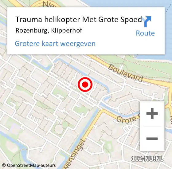 Locatie op kaart van de 112 melding: Trauma helikopter Met Grote Spoed Naar Rozenburg, Klipperhof op 14 oktober 2023 20:47