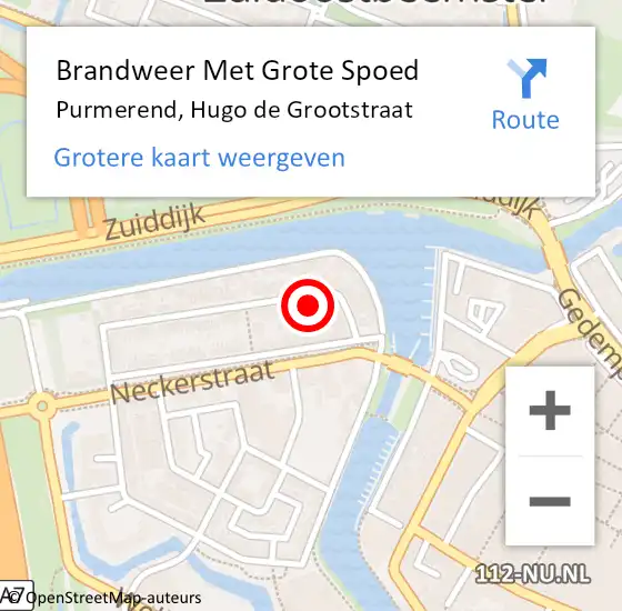 Locatie op kaart van de 112 melding: Brandweer Met Grote Spoed Naar Purmerend, Hugo de Grootstraat op 14 oktober 2023 23:56