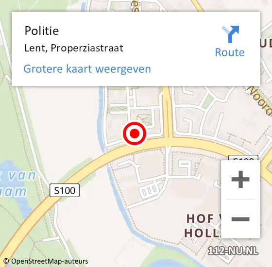 Locatie op kaart van de 112 melding: Politie Lent, Properziastraat op 15 oktober 2023 03:23