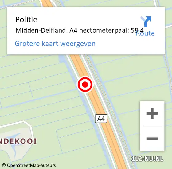 Locatie op kaart van de 112 melding: Politie Midden-Delfland, A4 hectometerpaal: 58,4 op 15 oktober 2023 03:52