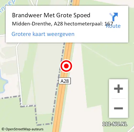 Locatie op kaart van de 112 melding: Brandweer Met Grote Spoed Naar Midden-Drenthe, A28 hectometerpaal: 167 op 15 oktober 2023 07:57