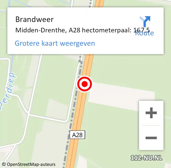 Locatie op kaart van de 112 melding: Brandweer Midden-Drenthe, A28 hectometerpaal: 167,5 op 15 oktober 2023 08:03