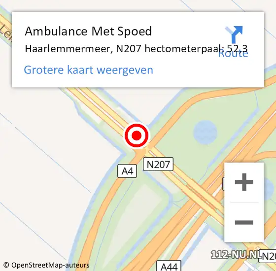 Locatie op kaart van de 112 melding: Ambulance Met Spoed Naar Haarlemmermeer, N207 hectometerpaal: 52,3 op 15 oktober 2023 10:57