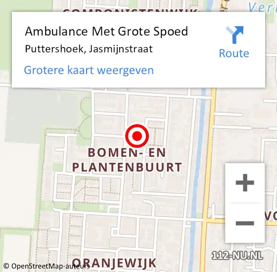 Locatie op kaart van de 112 melding: Ambulance Met Grote Spoed Naar Puttershoek, Jasmijnstraat op 15 oktober 2023 11:33