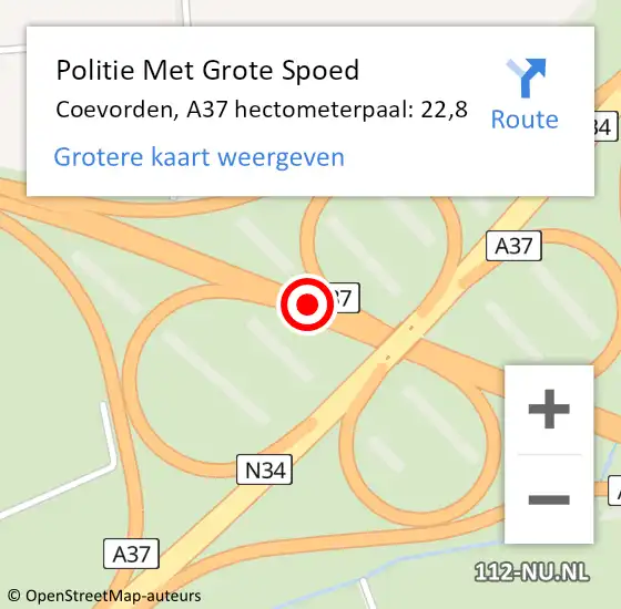 Locatie op kaart van de 112 melding: Politie Met Grote Spoed Naar Coevorden, A37 hectometerpaal: 22,8 op 15 oktober 2023 12:28
