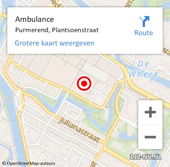 Locatie op kaart van de 112 melding: Ambulance Purmerend, Plantsoenstraat op 15 oktober 2023 13:37