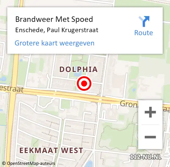 Locatie op kaart van de 112 melding: Brandweer Met Spoed Naar Enschede, Paul Krugerstraat op 15 oktober 2023 14:20