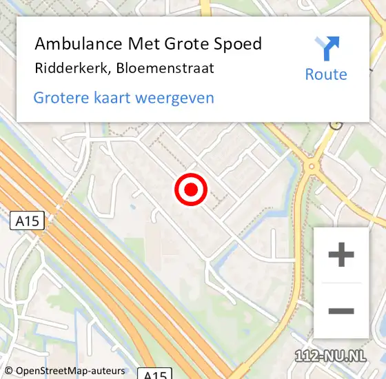 Locatie op kaart van de 112 melding: Ambulance Met Grote Spoed Naar Ridderkerk, Bloemenstraat op 15 oktober 2023 16:36