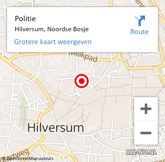 Locatie op kaart van de 112 melding: Politie Hilversum, Noordse Bosje op 15 oktober 2023 19:40